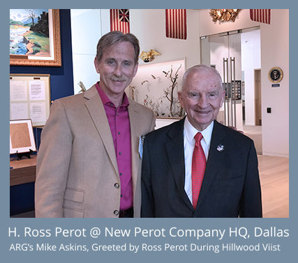 Ross Perot Greets ARG Owner Mike Askins at Hillwood Communities Headquarters at the New Perot Headquarters in Dallas 3-17-2017